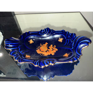 Limoges CastelFrance Vintage Soap/Trinket Dish Cobalt Blue Gold Courting Couple